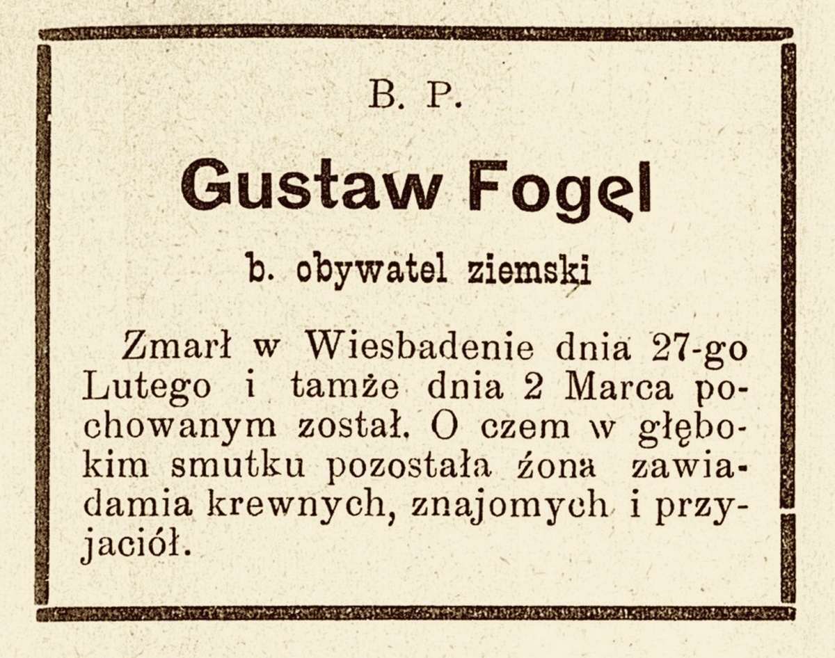Obituary of Gustaw Fogel ("Izraelita" magazine, No. 11 of March 13, 1903) 